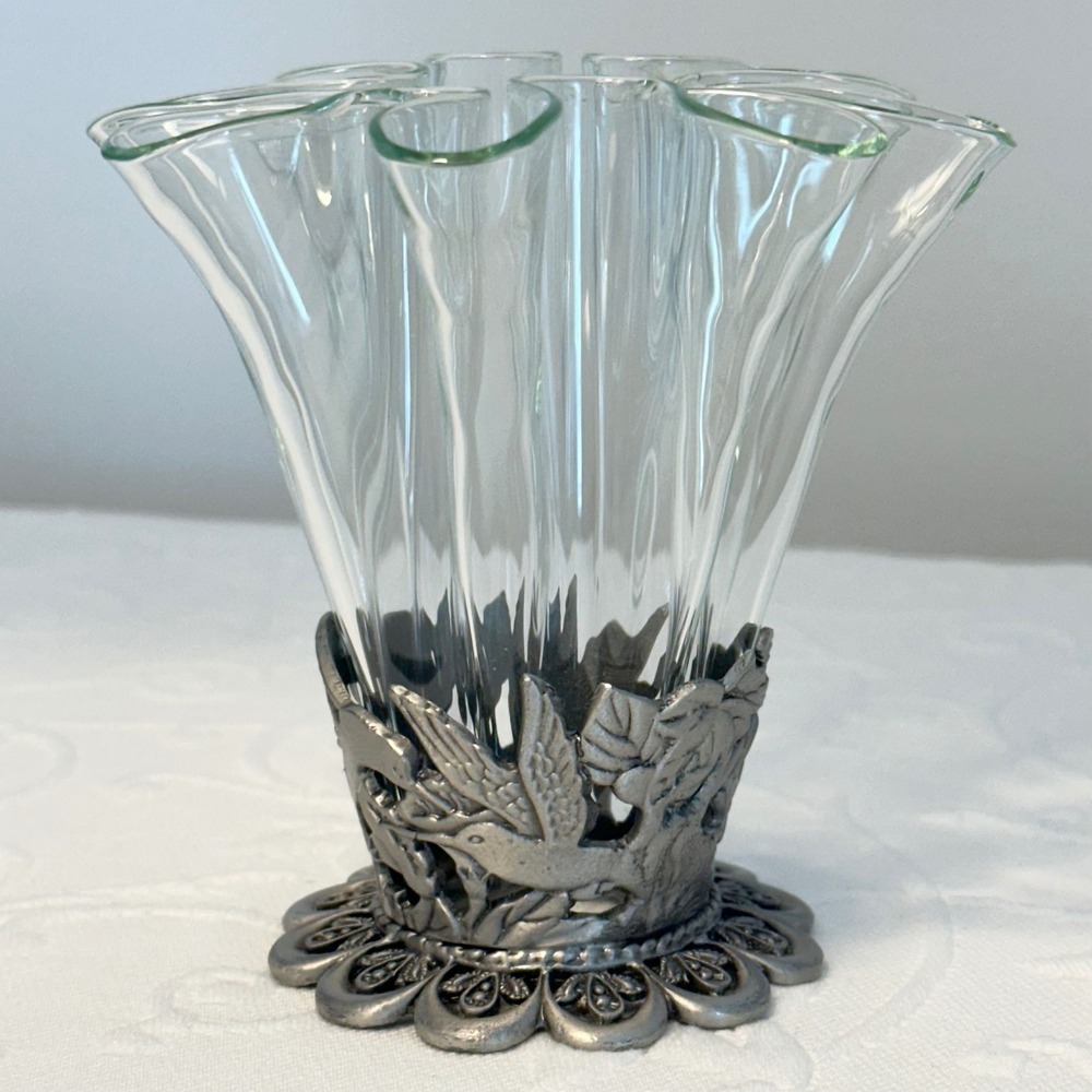 Vintage 90s Hummingbird Fluted Glass Bud Vase Art Nouveau Pewter Tone Base boho